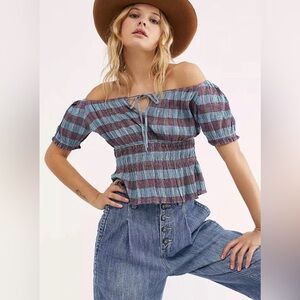 Free People Striped Smocked Crop Top XS